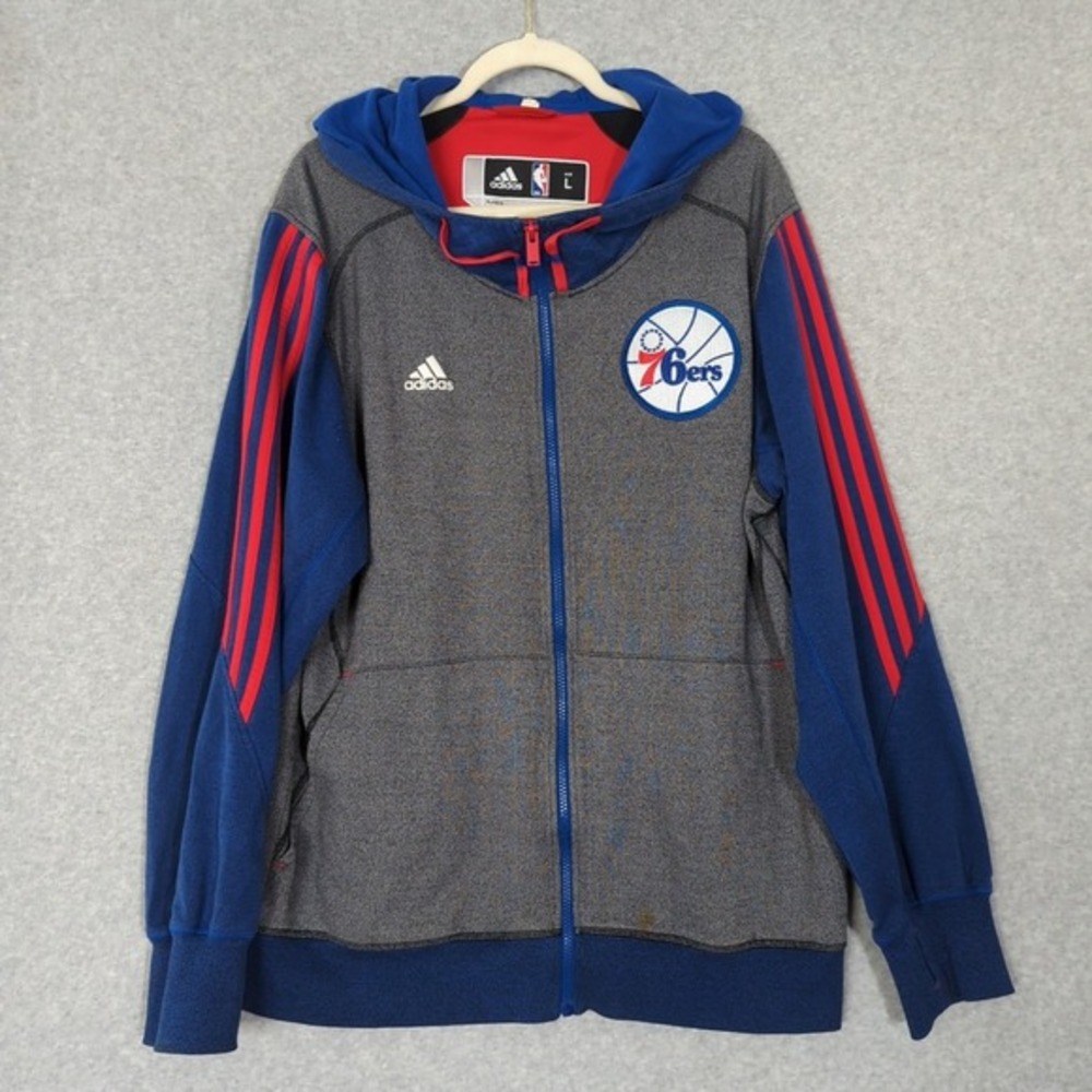 Adidas Philadelphia‎ 76ers  Player Warm Up Hooded Jacket  L Color Block NBA Gray